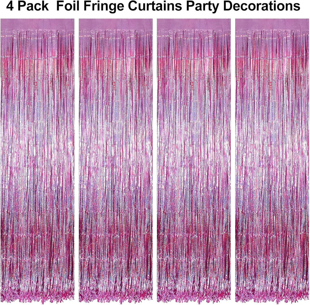 Skylety Purple Fringe Backdrop Curtains - 4 Pack Tinsel Foil Streamers for Party Decor | 3.2 x 8.2 Feet