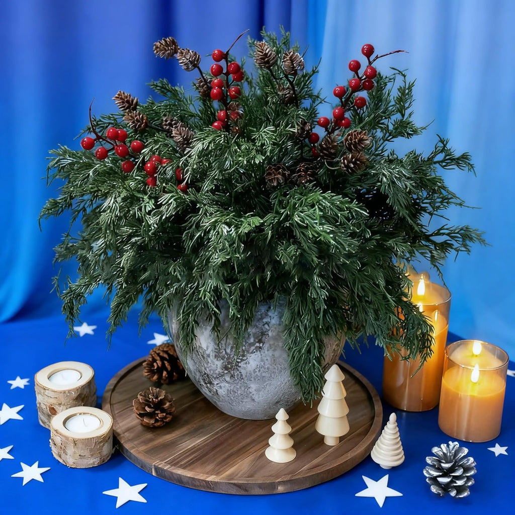 Norfolk Pine Faux Cedar Stems - Realistic Artificial Greenery for Christmas Decor | 1 Set with Berries & Pinecones