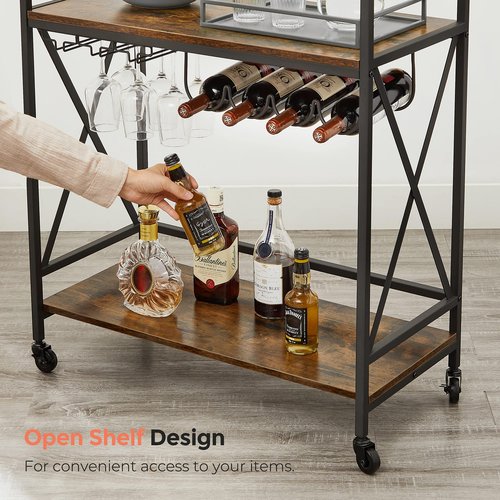 VASAGLE Bar Cart, Serving Cart, Mobile Kitchen Shelf with Glass Stemware Rack and Wine Bottle Holders, Industrial, Rustic Brown and Black ULRC088B01