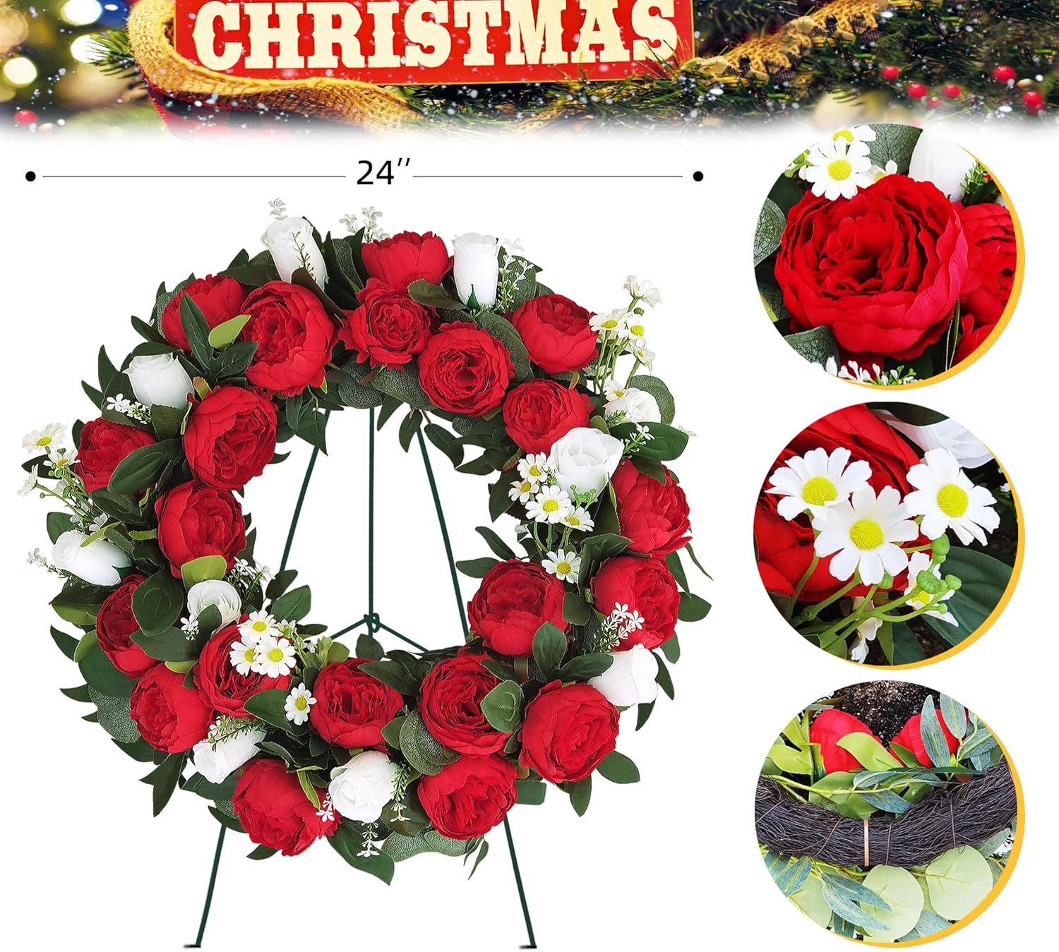 Memorial Day Cemetery Wreaths - Red Peony & White Rose Artificial Flower Arrangement on Metal Stand