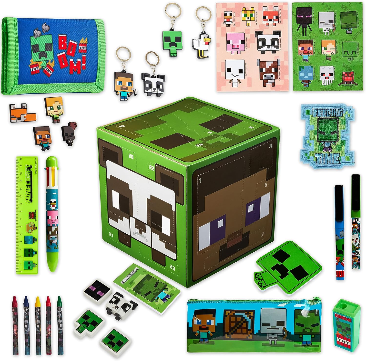 Minecraft Advent Calendar 2025 - 24 Fun Items Including Keychains, Pens & Notebooks | Green Cube Gamer Gift