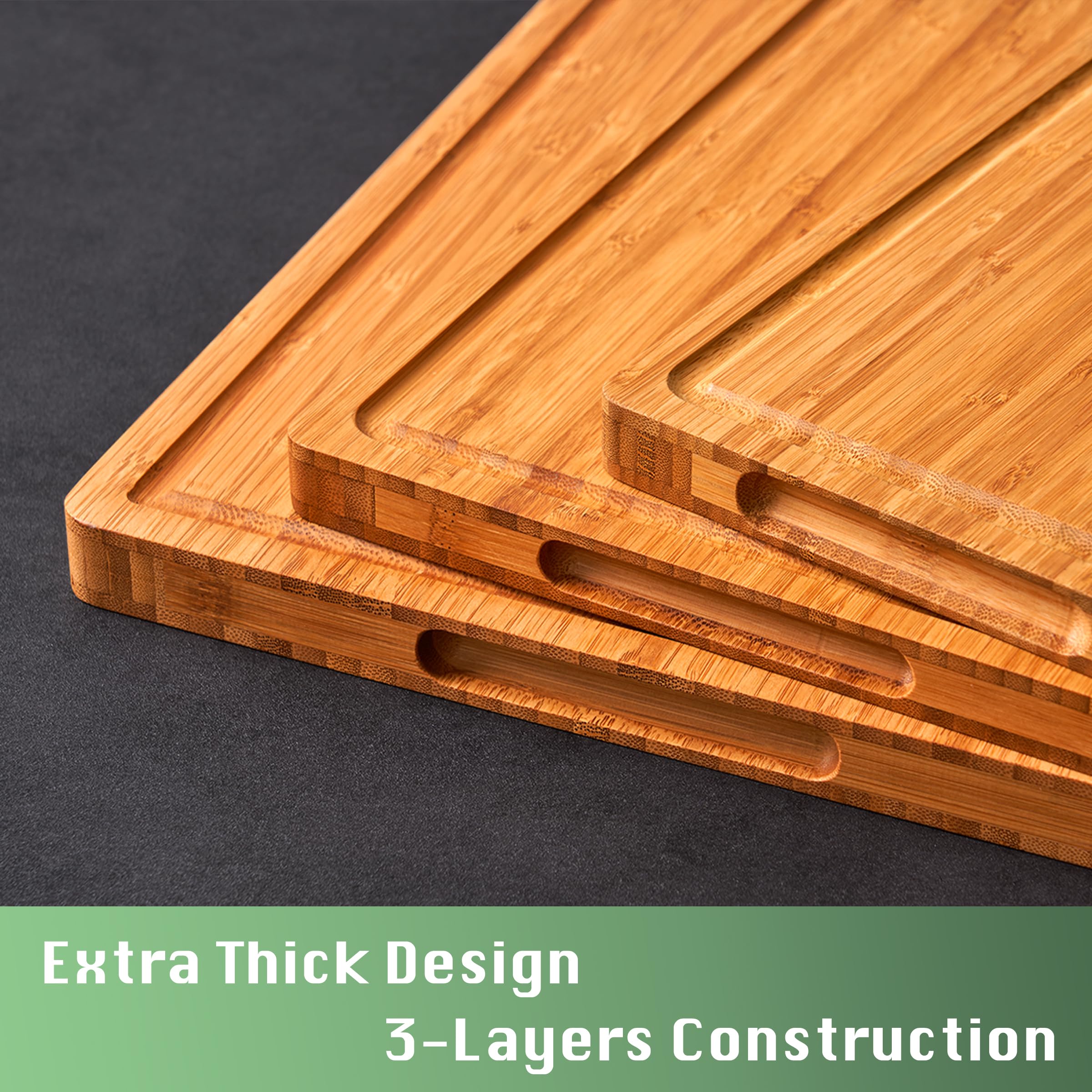 Allsum Carbonized Bamboo Wood Cutting Boards for Kitchen, 1” Thick Wooden Butcher with Juice Grooves and Handles, Cute Cheese Charcuterie Boards as a Gift for Chef, Family, 3 Pack