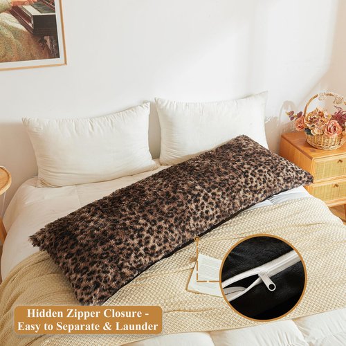 XeGe Fluffy Faux Fur Leopard Print Body Pillow Cover, 20x54 Fuzzy Cheetah Print Body Pillowcase with Zipper, Plush Furry Long Bed Bolster Pillow Cover for Pregnant Women Side Sleeper, Brown and Black