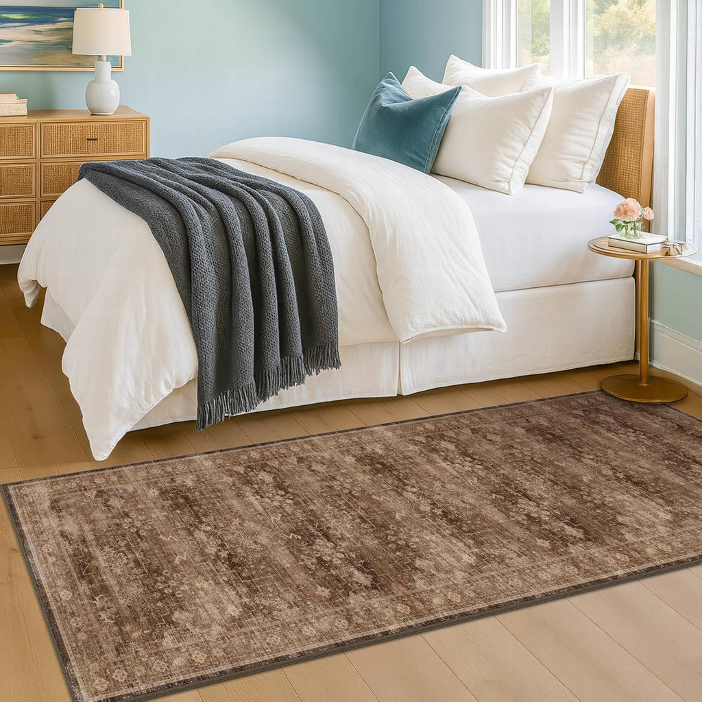 Skiennix Brown Boho Runner Rug - Washable, Non-Slip, Soft Faux Wool | 2x6 ft for Hallway, Kitchen, Bedroom