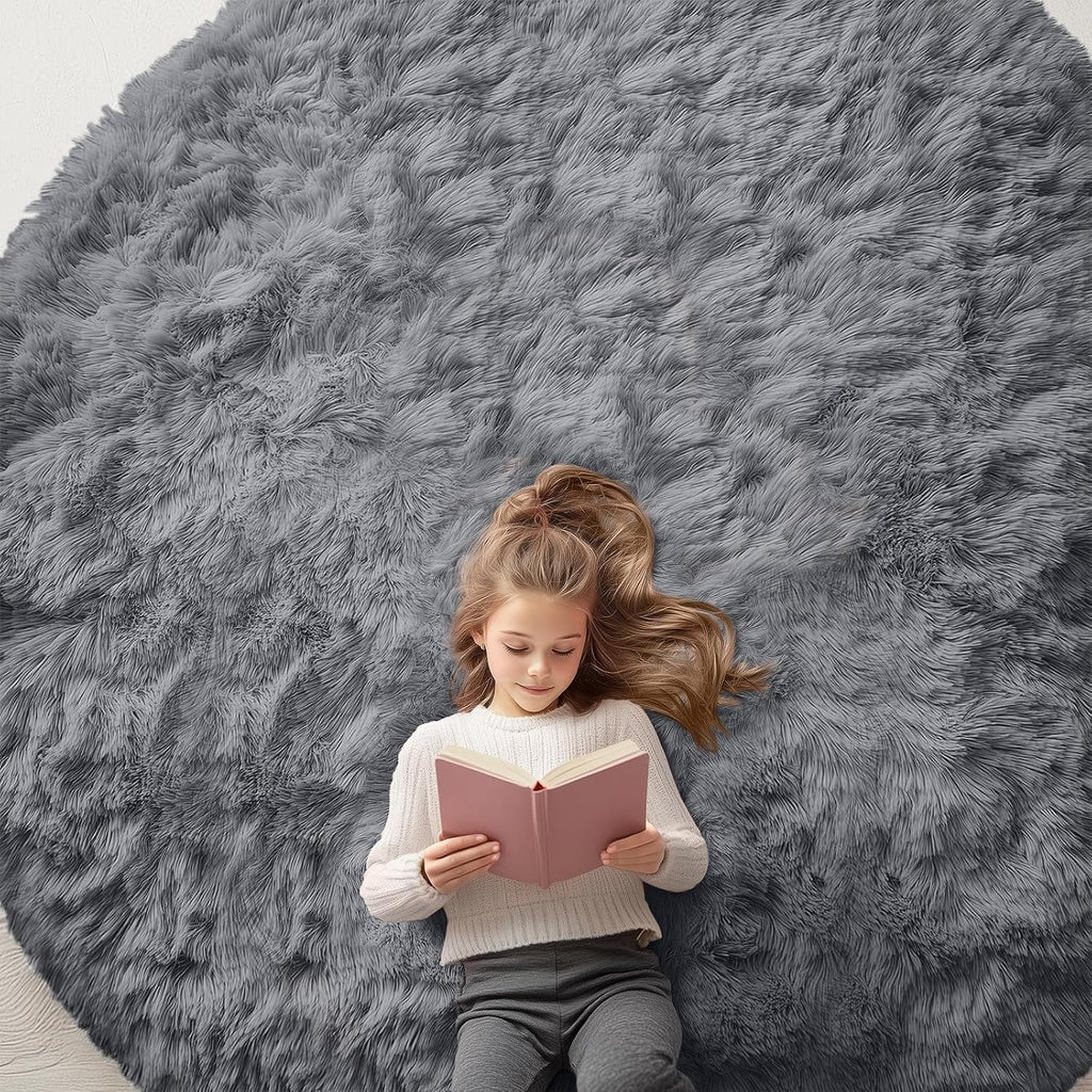 OLANLY Grey Round Area Rug - Soft, Fluffy, Machine Washable 8 ft Circle Carpet for Bedroom & Living Room Decor