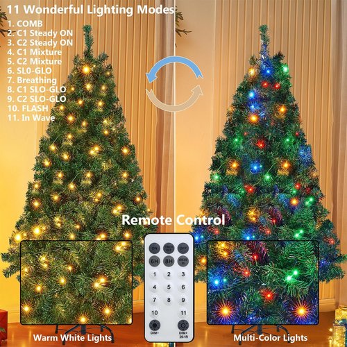 Juegoal 6-Foot Artificial Christmas Tree - 300 LED Warm White & Color Changing Lights, Sturdy Metal Legs