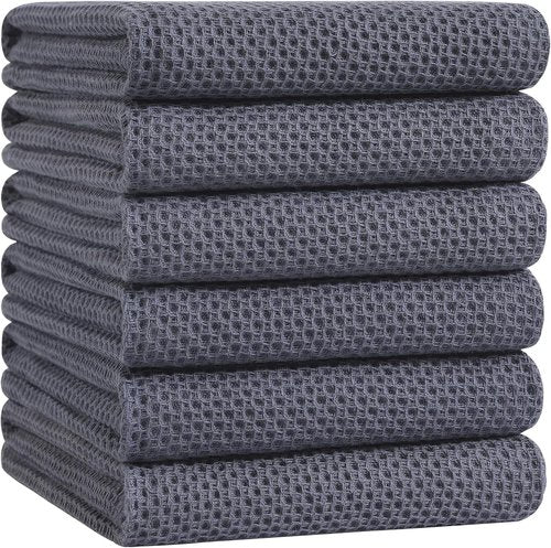 Homaxy 100% Cotton Kitchen Dish Towels - Ultra Soft & Absorbent Waffle Weave, 20 x 28 Inches, 6-Pack | Dark Grey