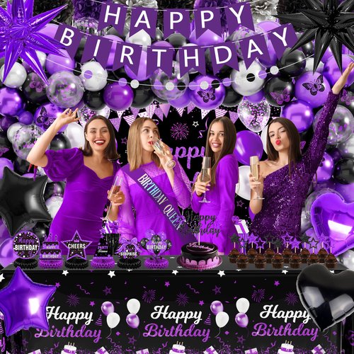 Black and Purple Birthday Decorations Kit, Purple and Black Party Decorations - Purple Happy Birthday Backdrop Banner, Balloon Arch, Tablecloth, Fringe Curtain for Women Girls Kids Celebration