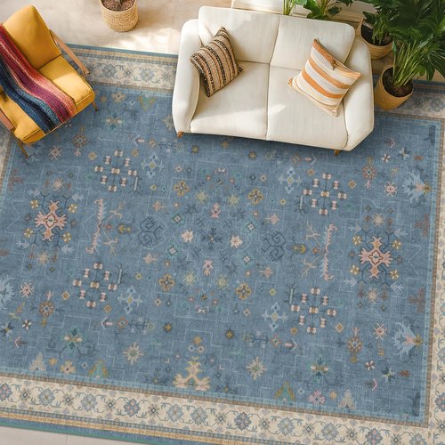 Hazo Haus Boho Accent Area Rug - Soft Non-Slip 7x10 Dusky Blue Design for Living Room & Bedroom
