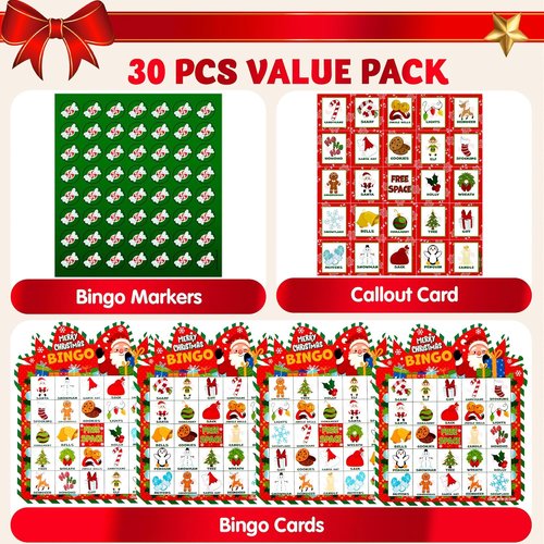 JOYIN Christmas Bingo Cards - 30 Players Holiday Game for Kids & Family Fun | Winter Party Activity