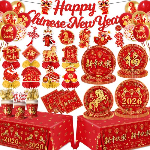 Chinese New Year Tableware,175pcs Chinese New Year Plates and Napkins Cups Tablecloth Banner Honeycomb for Lunar Year Horse Spring Festival