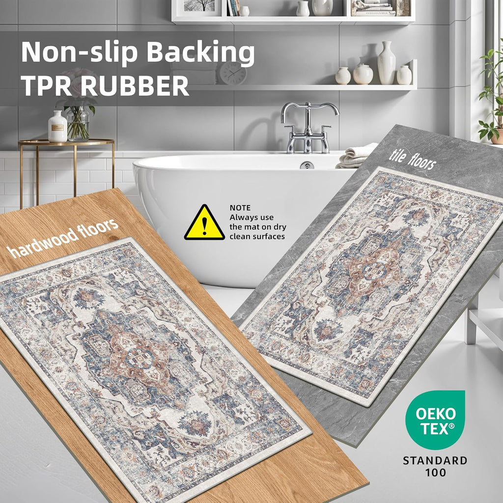 Skiennix Kitchen Runner Rug Set - Washable Non-Slip Mats for Sink & Stove | Soft Low Pile, Water-Resistant (2x3 + 2x4, Brick)