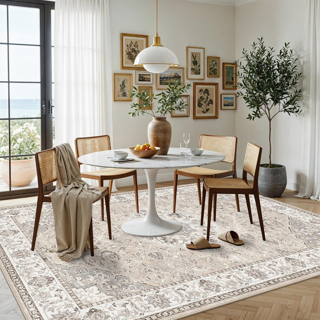 Skiennix 7x10 Area Rug - Washable Vintage Design for Living Room, Bedroom & Office | Durable Non-Slip Carpet in Beige