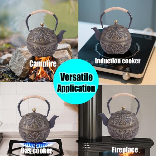 Enameled Cast Iron Teapot 34oz（1000ml） - Japanese Style Kettle with Removable Stainless Infuser & Ergonomic Handle, Stovetop Safe for Loose Leaf Tea Green and silver (Black Gold)