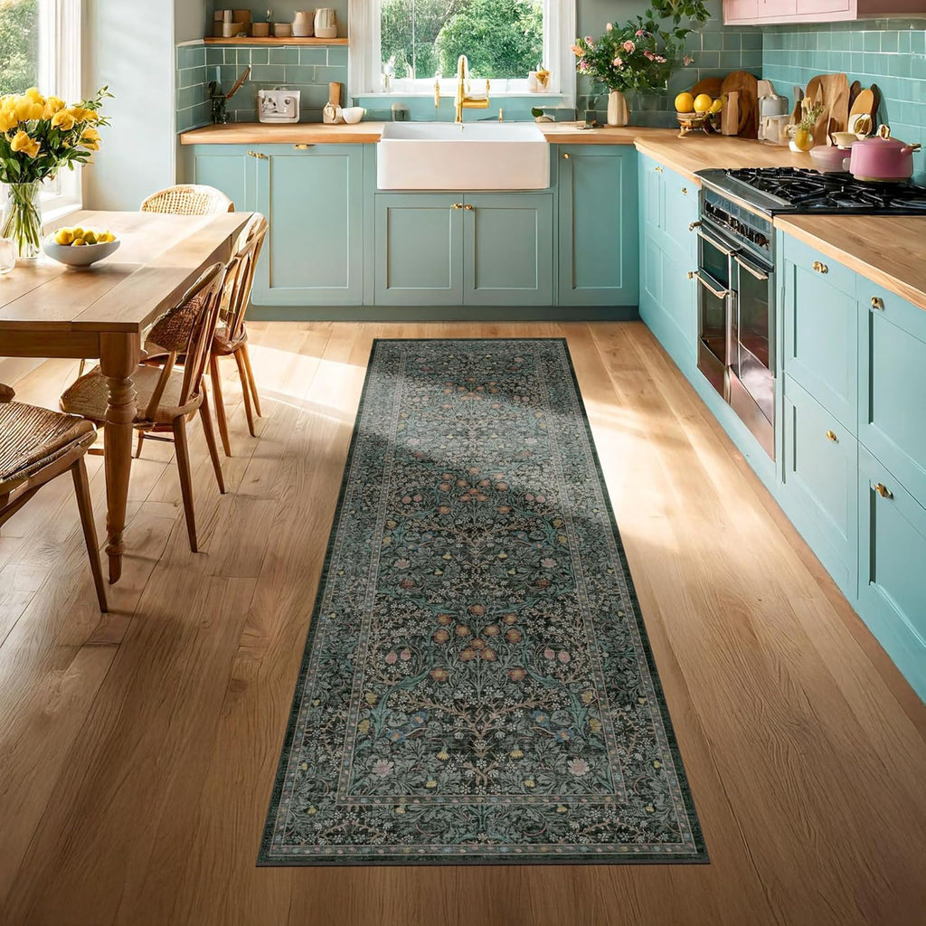 Regine Switzerland Dark Green 2x5 Non-Slip Runner Rug - Washable Floral Boho Design for Entryway