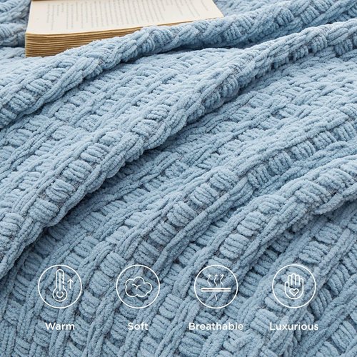 Bedsure Blue Throw Blanket - Super Soft Textured Chunky Knit Chenille | 50x60 Inches for Cozy Living Room Decor