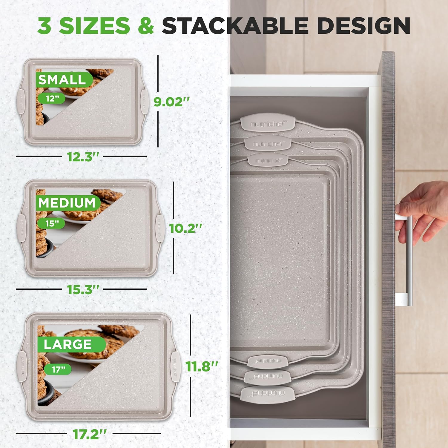 NutriChef Nonstick Cookie Sheets - Premium Carbon Steel Baking Pans with Silicone Handles | Easy Clean, Cream Marble Finish
