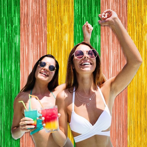 Luau Decorations by [Brand Name] - 2 Pack Summer Party Streamers | 3.28 FT x 7.05 FT Tinsel Fringe Curtains in Green, Brown, Yellow