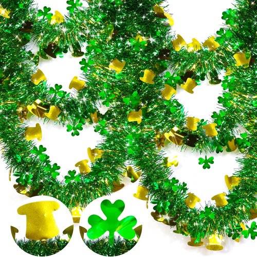3 Pack Total 49.2 Ft St.Patrick's Day Tinsel Garlands Decorations DIY Shamrocks Wreath for Front Door Irish Leprechaun Hat St.Patrick's Day Decorations Outdoor Indoor Home,16.4Ft by 4.3",Green Gold