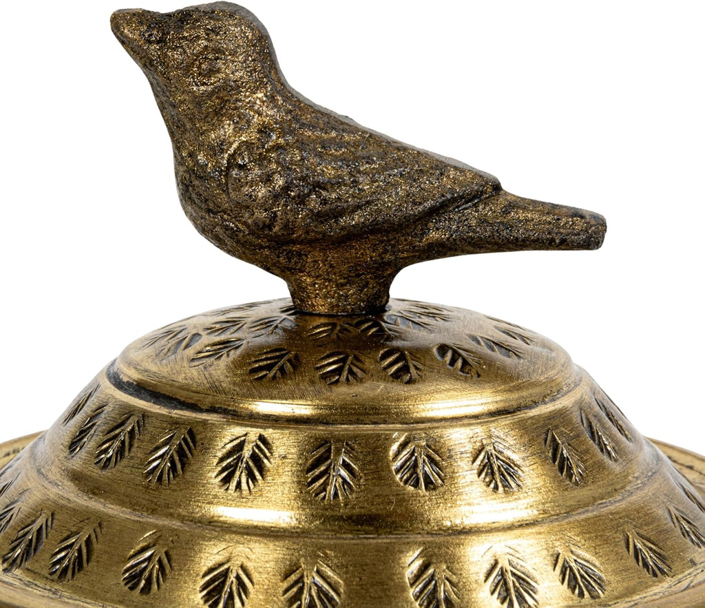 Round Hammered Metal Container - Bird Finial Design in Elegant Brass Finish