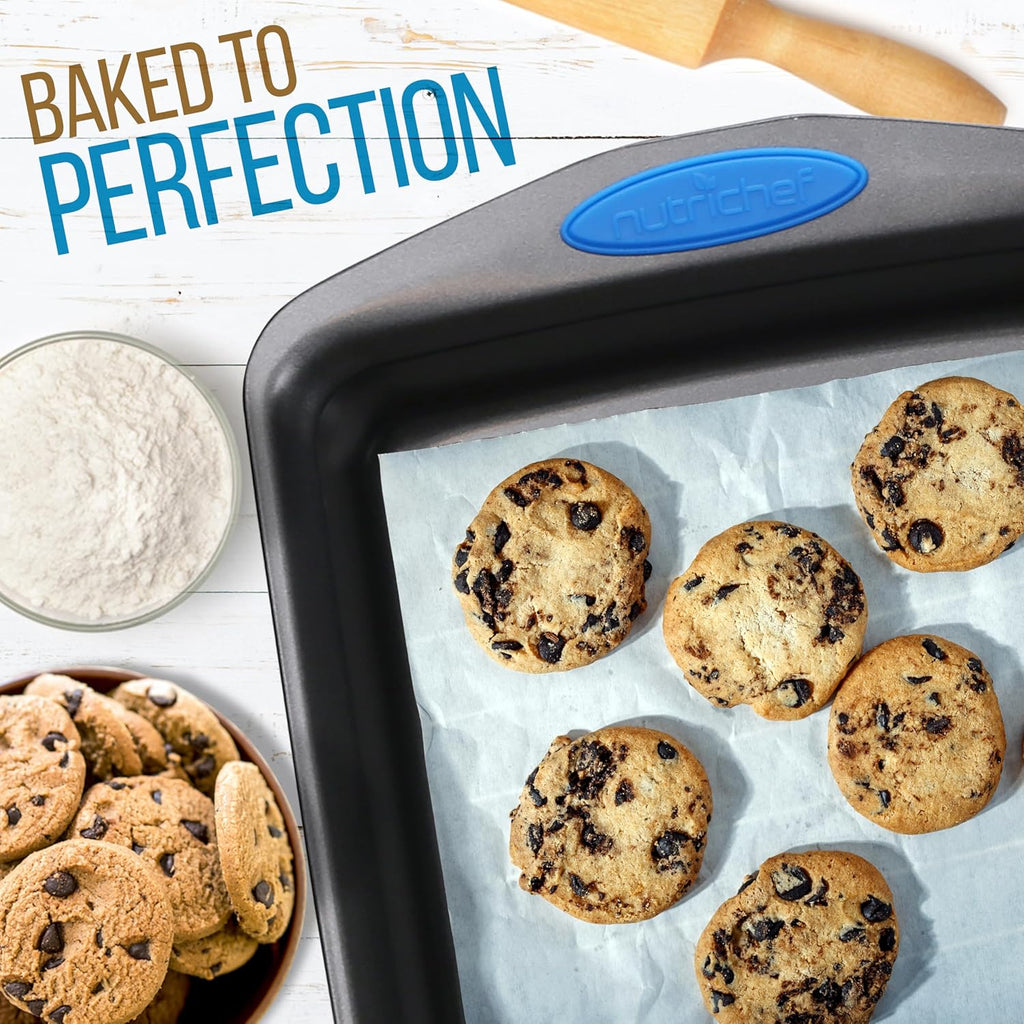 NutriChef 6-Piece Baking Pan Set - Nonstick Carbon Steel Bakeware with Blue Silicone Handles | Gray