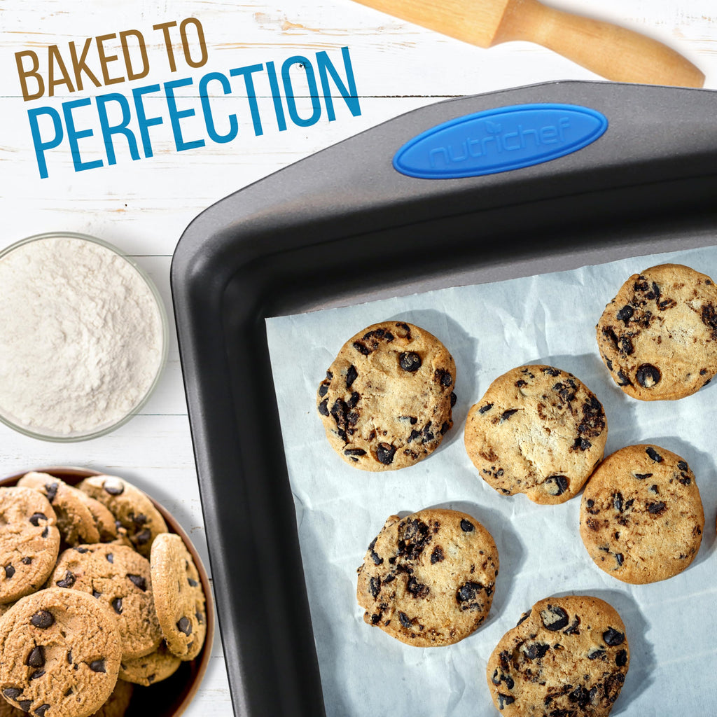 NutriChef 6-Piece Baking Pan Set - Carbon Steel Stackable Bakeware with Blue Silicone Handles & Nonstick Coating, Includes Cookie Sheets, Roaster Pan with Lid, Loaf Pan, and 12 Cup Muffin Pan (Gray)