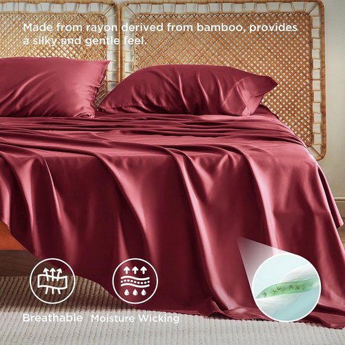 Bedsure King Size Cooling Sheets Set - Breathable & Soft Rayon from Bamboo | Deep Pocket Burgundy