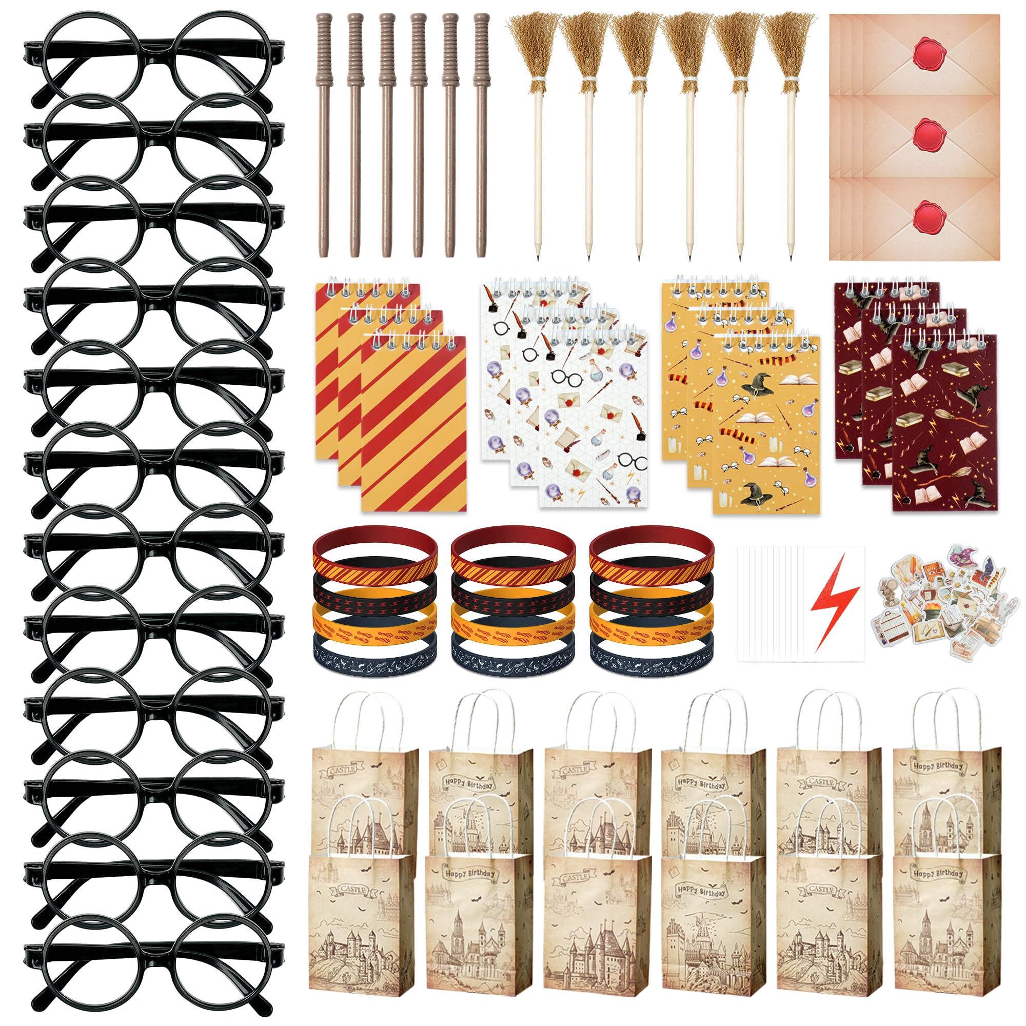 HandTool 100pcs Wizard Party Favors, Birthday Party Supplies Including Wizard Glasses, Wand Pencils, Lightning Tattoos, Envelope card, Magic Birthday Decorations Gifts Classroom Rewards for Kids