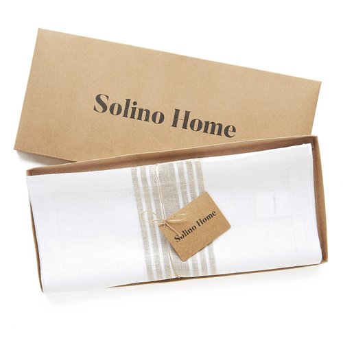 Solino Home Stripe Linen Table Runner 120 Inches Long - 100% Pure Linen Natural and White Farmhouse Table Runner 14 x 120 Inch for Dining, Spring, Easter, Mothers Day