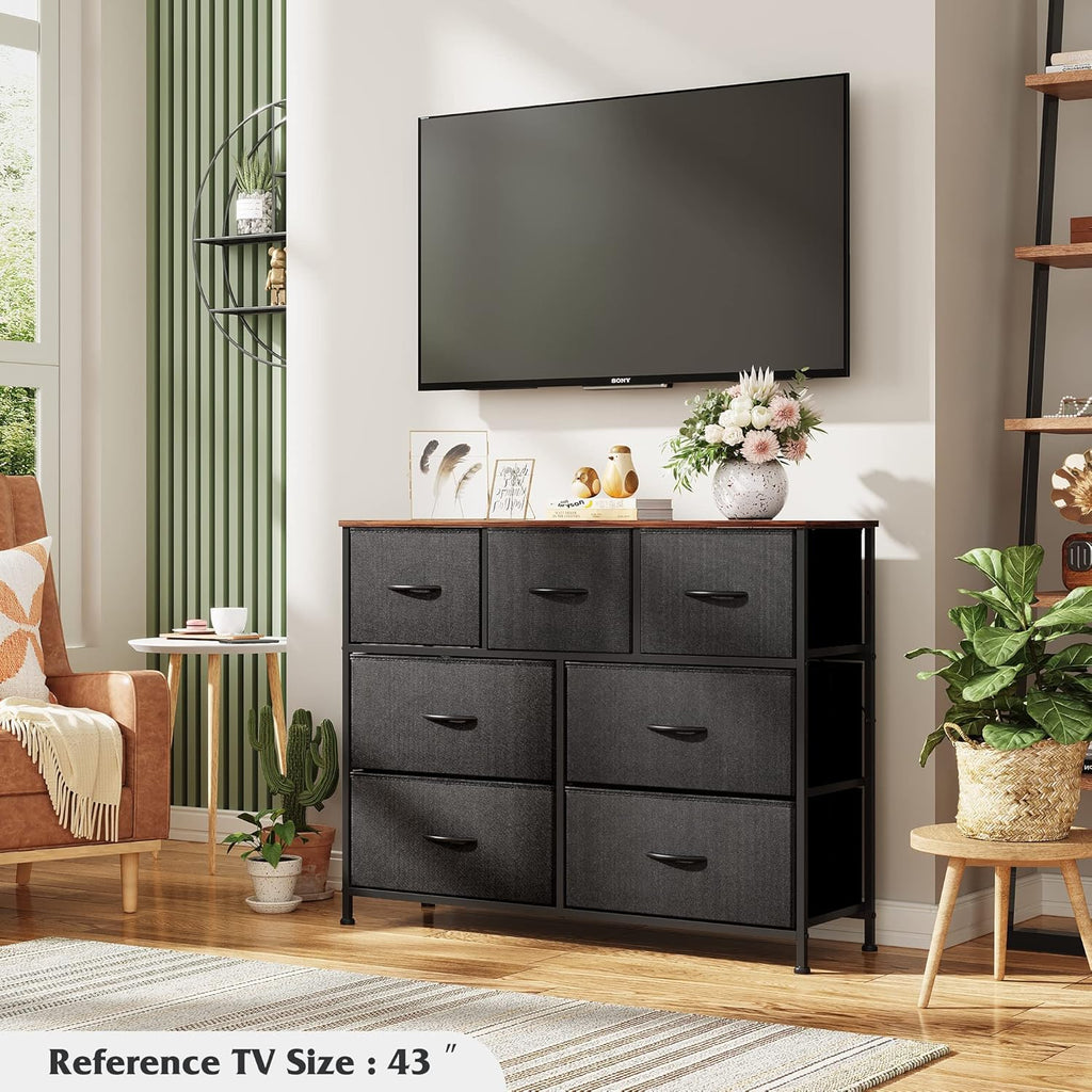WLIVE 7 Drawer Dresser - Stylish TV Stand & Media Console for TVs Up to 45 Inches | Black & Rustic Brown