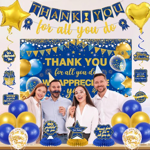 Vlipoeasn We Appreciate You Banner Decorations, Blue Gold Thank You for All You Do Backdrop Banner Honeycomb Centerpieces, Retirement Office Decor Staff Teachers Professors Doctor Nurses Appreciation