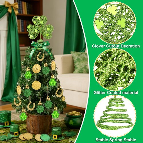 25 Pcs St. Patrick's Day Mini Tree Topper Ornaments Set, Miniature Irish Shamrock Tree Topper Hanging Clover Gold Coins, Irish Green Metal Glitter Tree Decorations for Party Supplies