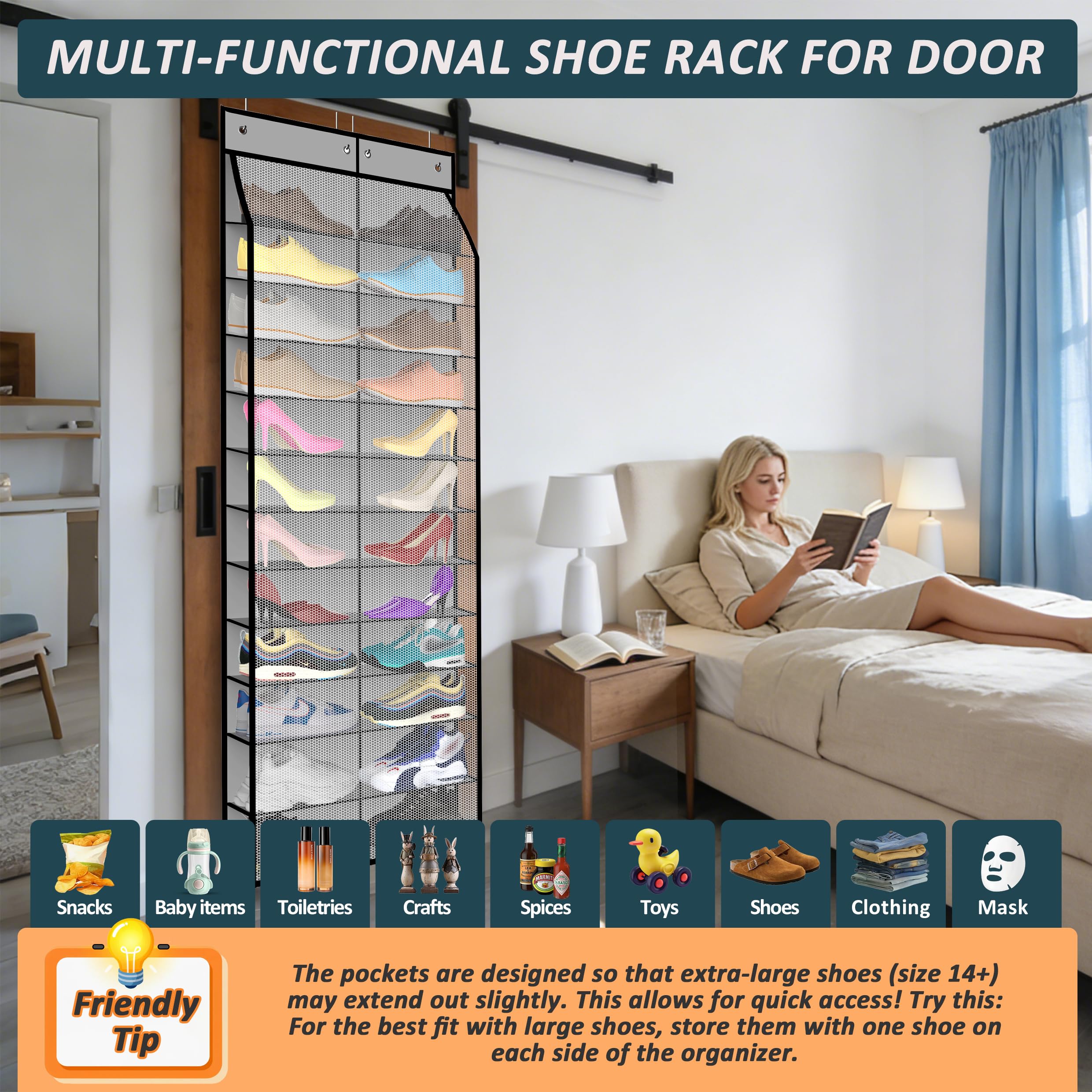 Kotkn 24-Pair Over Door Shoe Organizer for Family & Kids, Double Sided | Hanging Storage for Sneakers, Boots, Toys & Room Organization-Graphite Gray