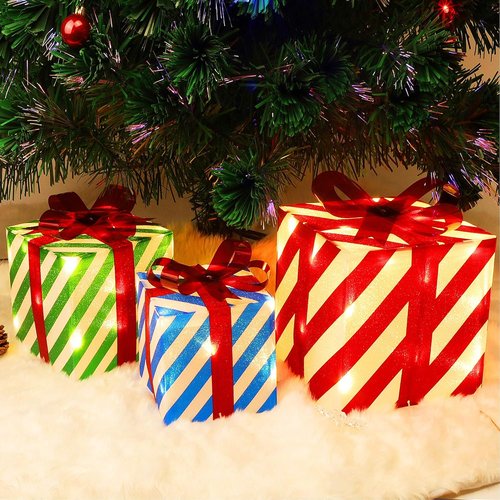 Juegoal Christmas Lighted Gift Box Set - Pre-Lit 45 LED Holiday Decorations | Indoor/Outdoor Red, Green & Blue