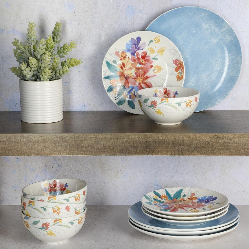 Spice by Tia Mowry Goji Blossom Decorated Porcelain Chip and Scratch Resistant Dinnerware Set, Blue, 12-Piece