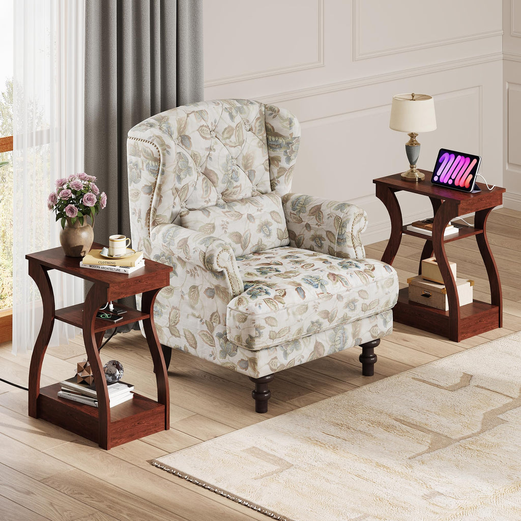 WLIVE End Tables Living Room Set of 2, Cherry Side Tables with Charging Station, Nightstand for Bedroom, 3 Tier End Table with Storage Shelf, Side Table Set of 2 for Living Room, Cherry