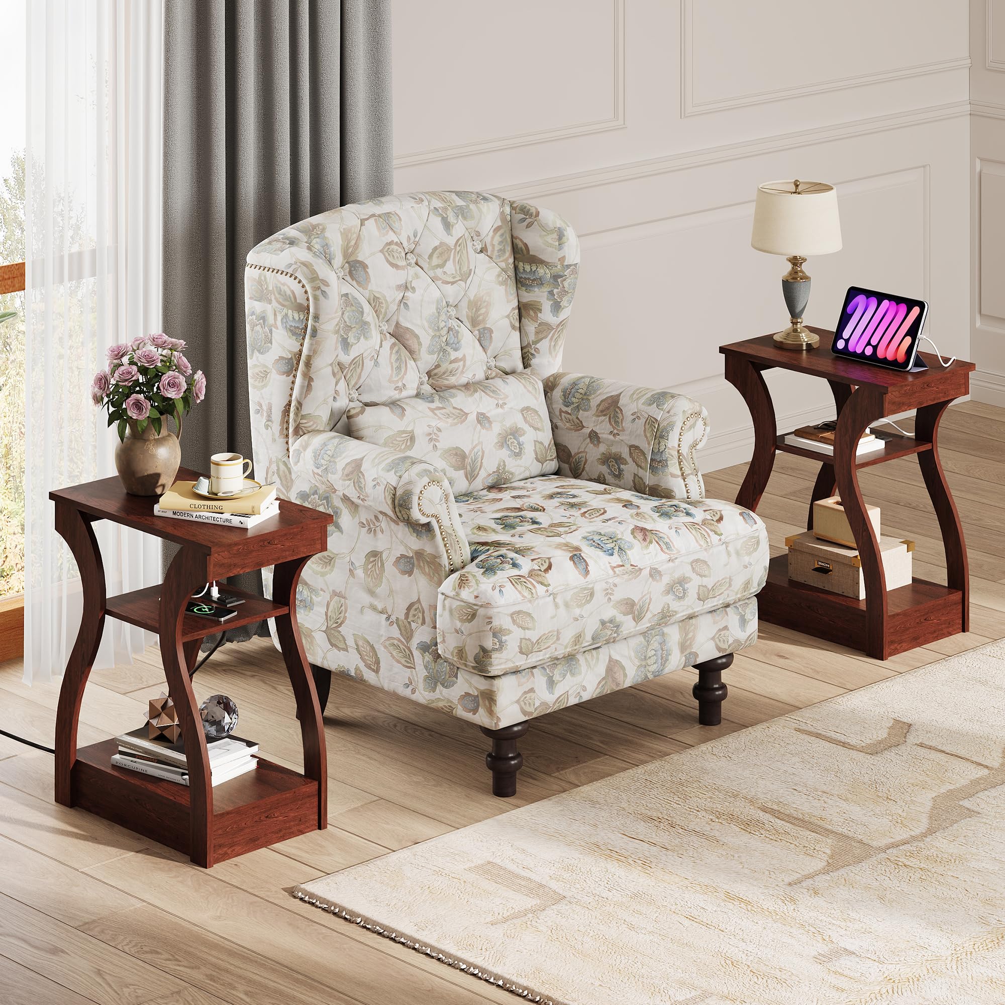 WLIVE End Tables Living Room Set of 2, Cherry Side Tables with Charging Station, Nightstand for Bedroom, 3 Tier End Table with Storage Shelf, Side Table Set of 2 for Living Room, Cherry