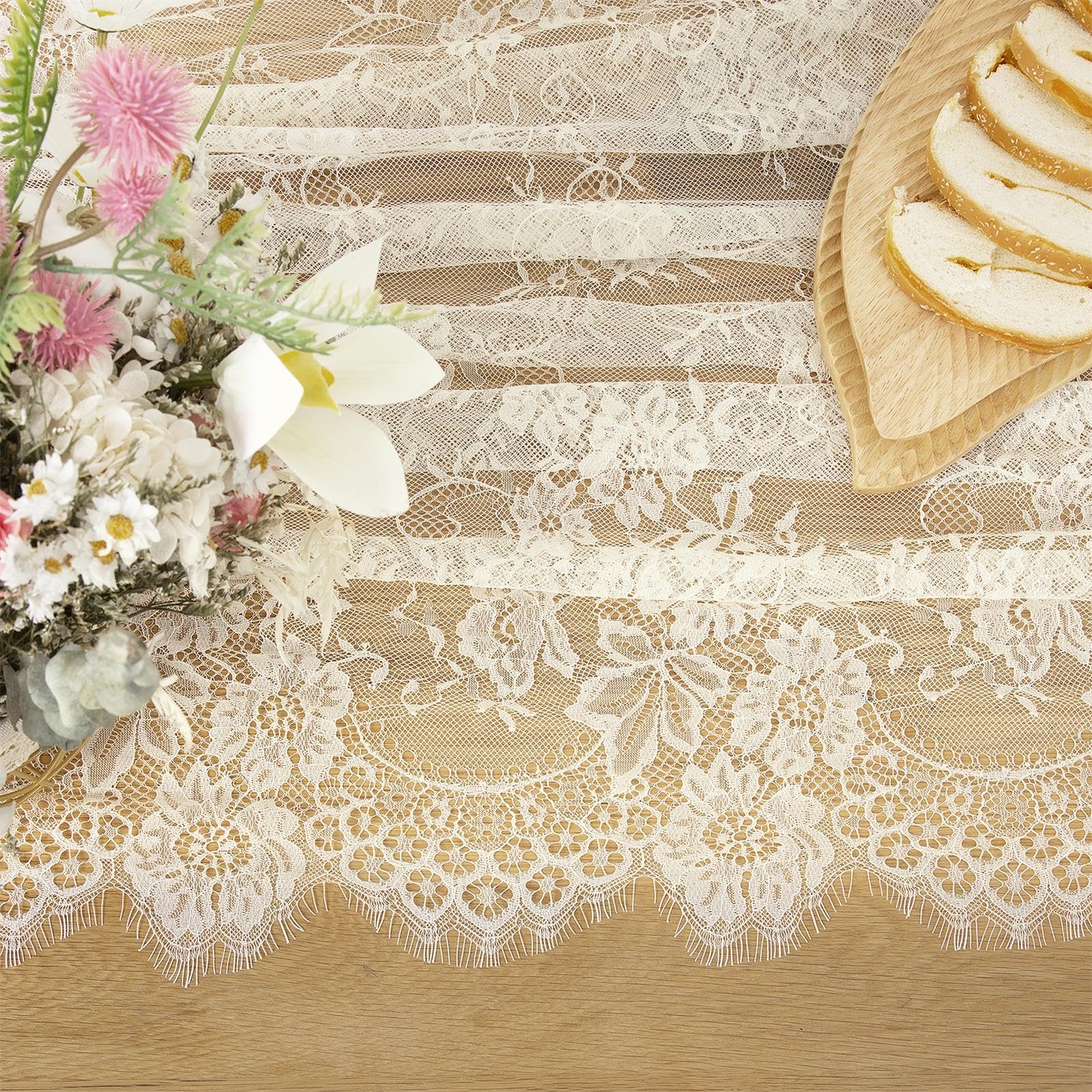 B-COOL Lace Tablecloth 5 Pack Ivory Wedding Table Cloth 60 x 120 Inch Rustic Table Overlay Sheer Tablecloths for Vintage Party Floral Bridal Shower Decorations