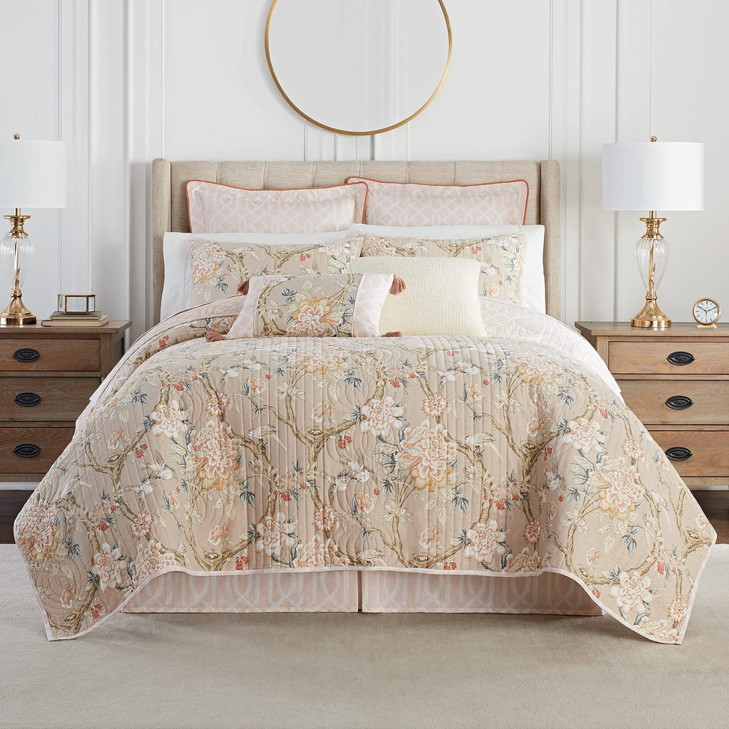 Waverly Peony Gardens 4 Piece Cotton Quilt Set, Embellished All Season Bedding, Includes One Quilt, One Bed Skirt and Two Pillow Shams, Machine Washable King Bed Set, Taupe