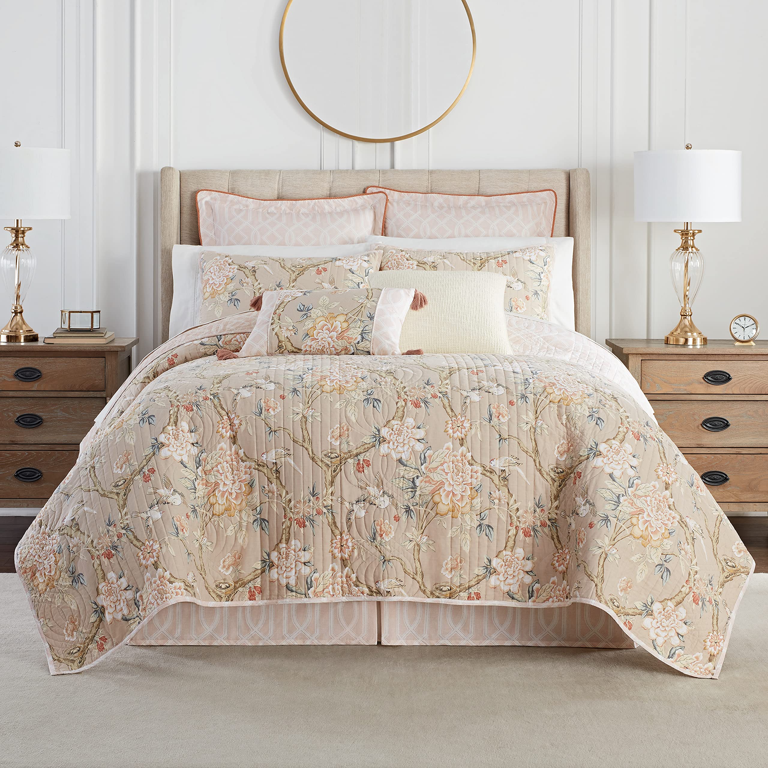 Waverly Peony Gardens 4 Piece Cotton Quilt Set, Embellished All Season Bedding, Includes One Quilt, One Bed Skirt and Two Pillow Shams, Machine Washable King Bed Set, Taupe