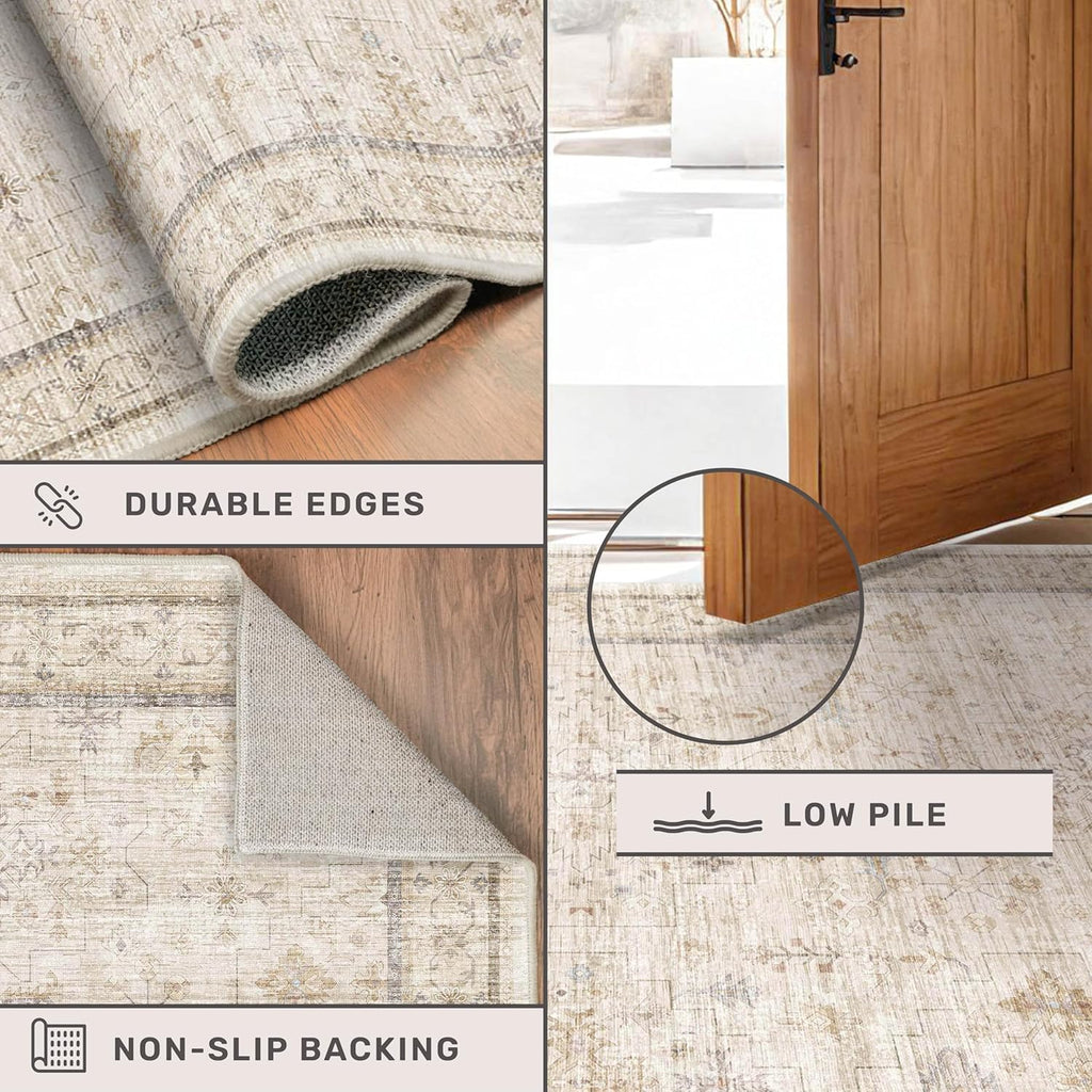 Skiennix Cream 2x5 Runner Rug - Geometric Floral Design, Washable for Bathroom & Entryway, Soft Non-Slip Beige Carpet