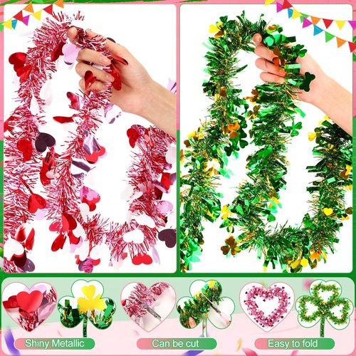 Craftsatin 52ft St Patricks Day Decorations Irish Tinsel Garland Red Pink Heart Gold Green Shamrock Tinsel Garland for Home Indoor Outdoor Wedding Hanging Valentines Irish Holiday Party Decor