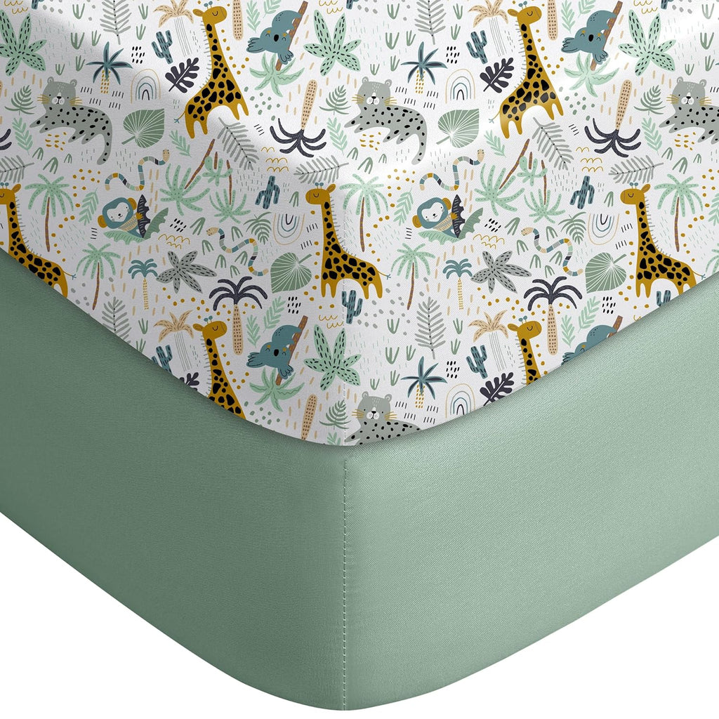 Yoofoss Fitted Pack and Play Sheets - Soft, Breathable Mini Crib Sheets 2-Pack in Green & Giraffe Design