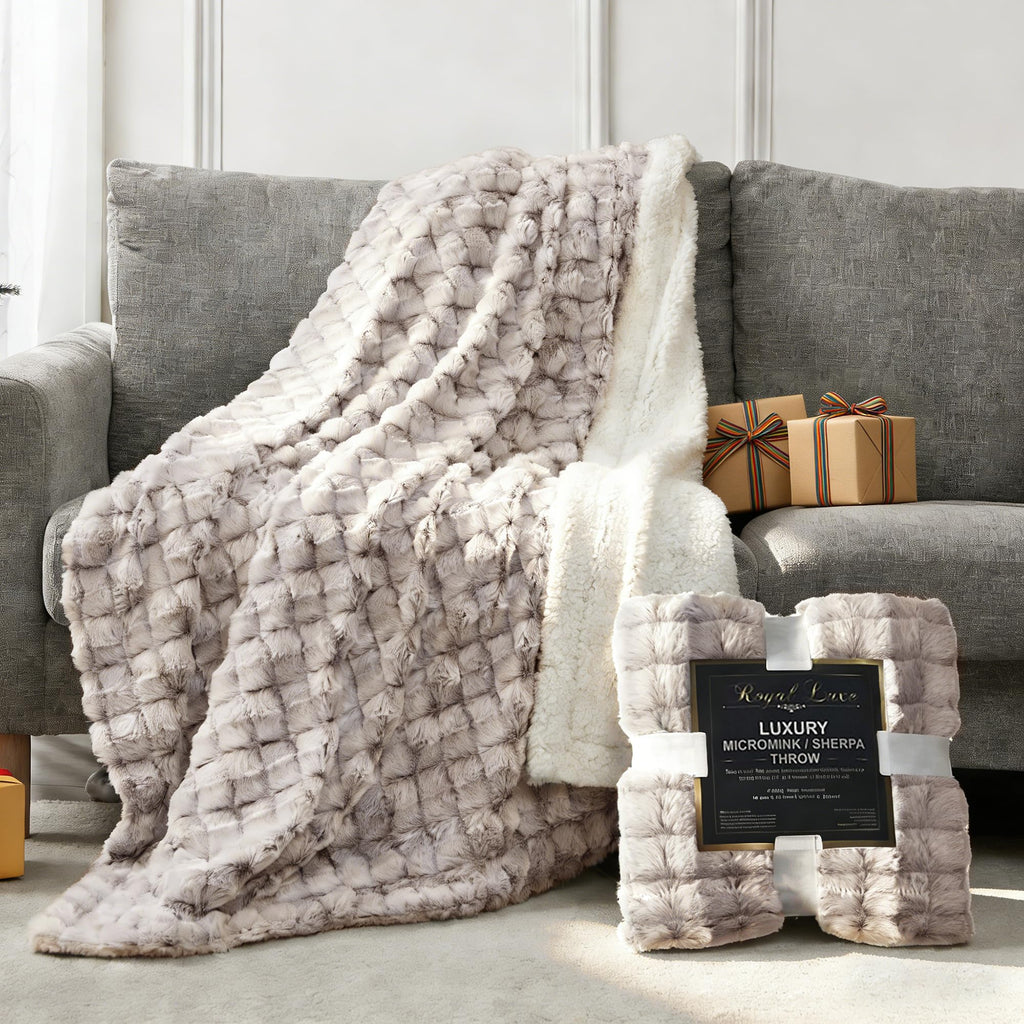 Royal Luxe Micromink Sherpa Throw Blanket for Couch, Fluffy Plush Reversible Throw Blanket for Sofa Bed Chair Room Decor - Luxury Soft Cozy Gifts for Women, 50 x 60 Inches, Brown