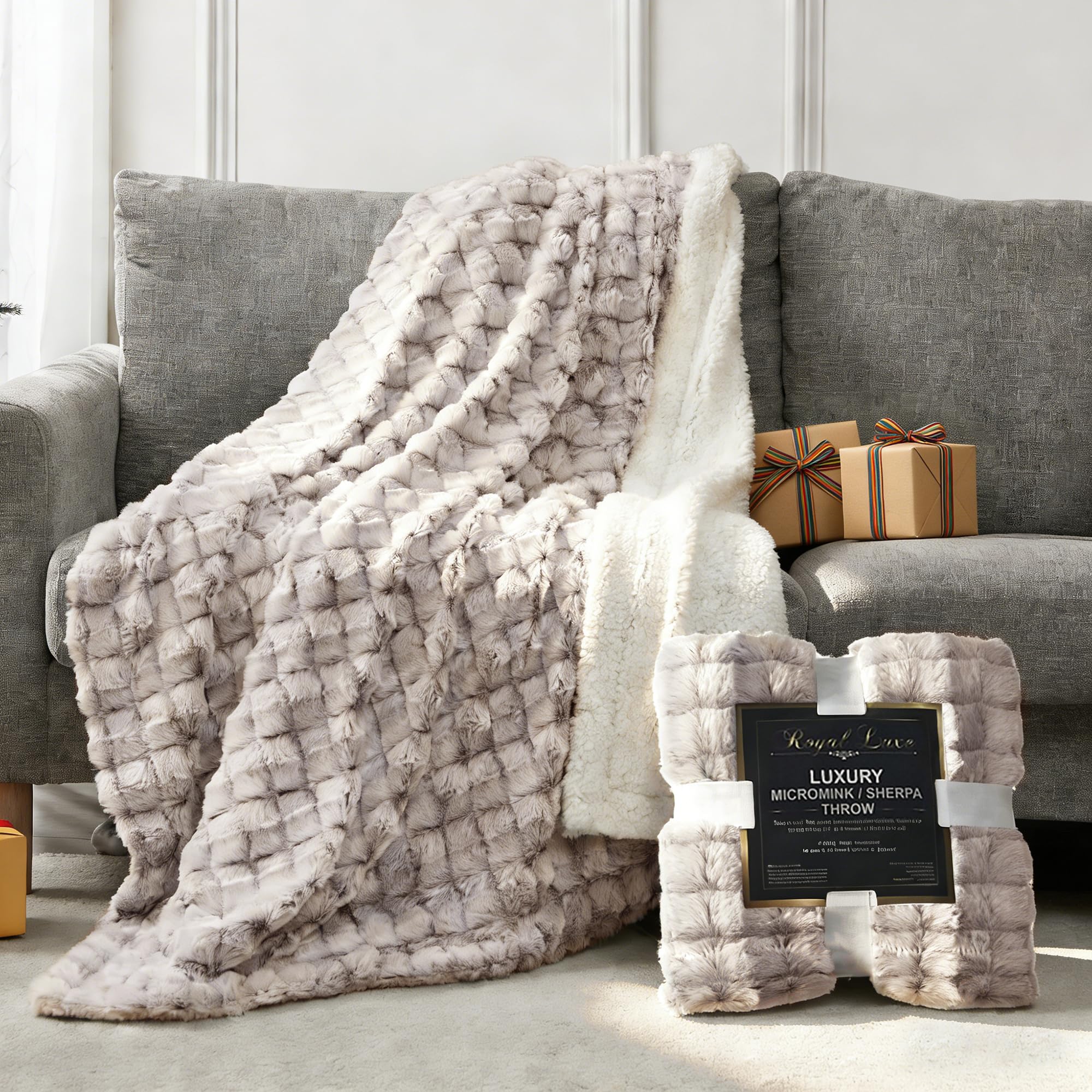 Royal Luxe Micromink Sherpa Throw Blanket for Couch, Fluffy Plush Reversible Throw Blanket for Sofa Bed Chair Room Decor - Luxury Soft Cozy Gifts for Women, 50 x 60 Inches, Brown