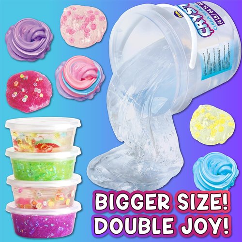 FunKidz 4 LB Huge Clear Slime Bucket - 64 FL OZ Premade Crystal Slime Kit with 29 Add-Ins for Kids