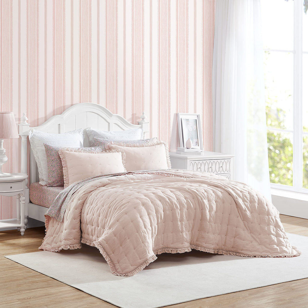 Laura Ashley – Twin Quilt Set, Ultra Soft Bedding with Matching Sham, Ruffled Pink Room Decor, College Dorm Room Essentials (Hailee Pink)