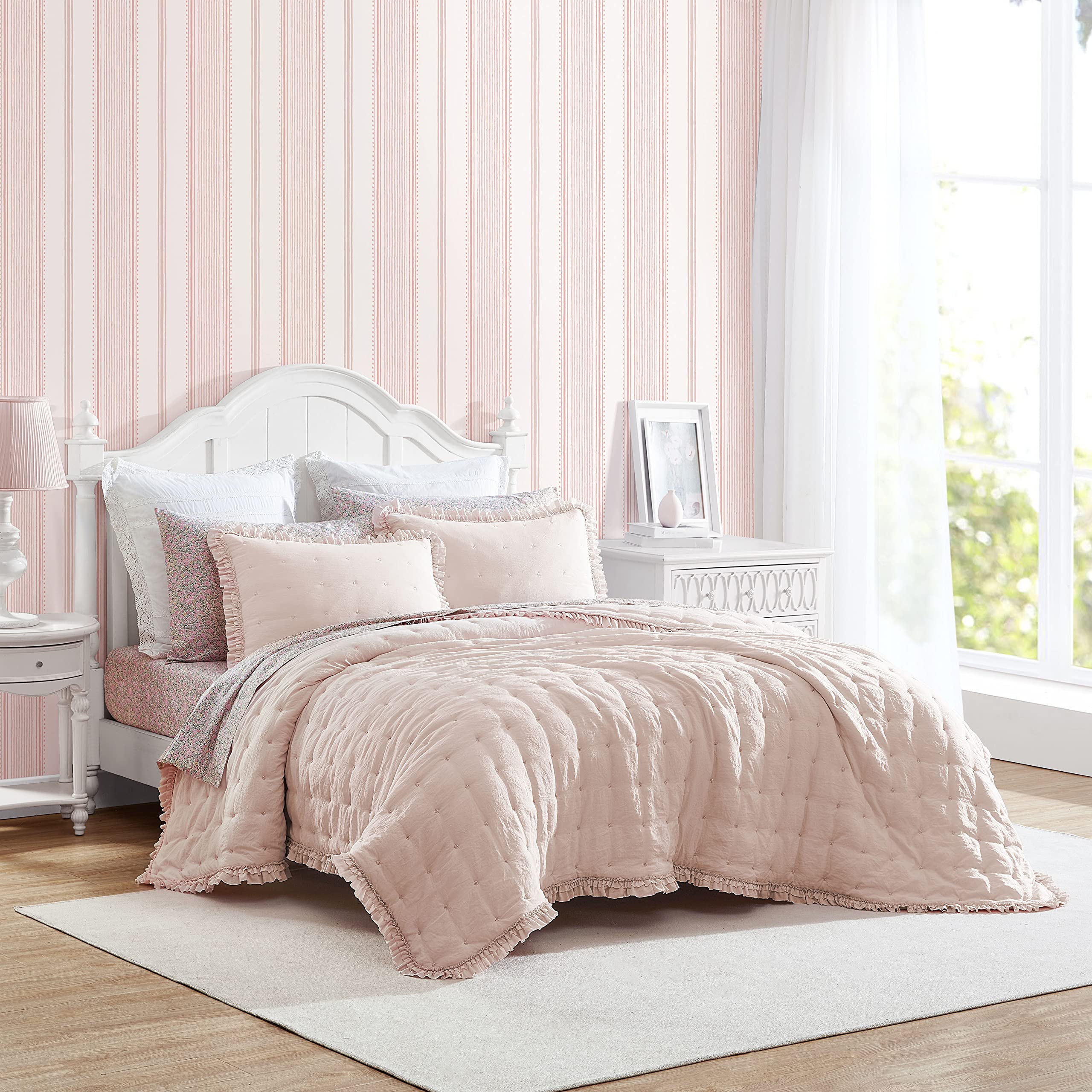 Laura Ashley – Twin Quilt Set, Ultra Soft Bedding with Matching Sham, Ruffled Pink Room Decor, College Dorm Room Essentials (Hailee Pink)