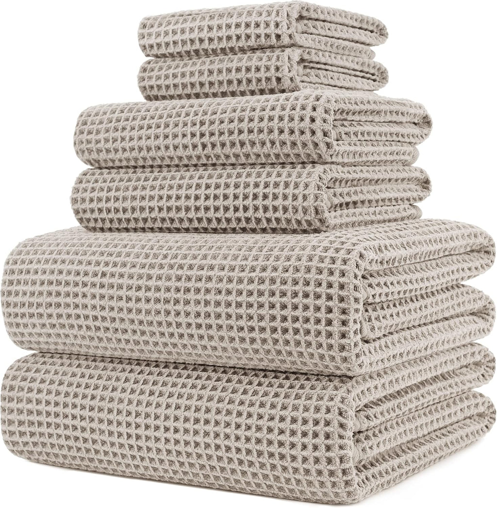 POLYTE Microfiber Bath Towel Set - Quick Dry, Lint-Free, Oversized, 6 Pieces | Waffle Weave