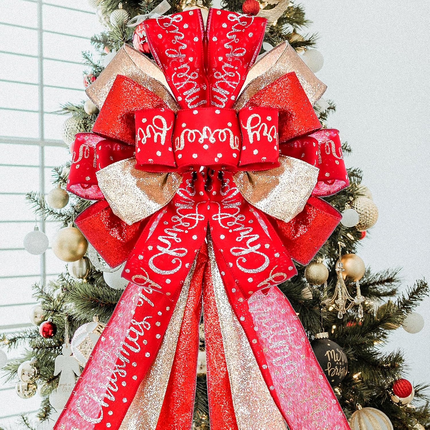 Regine Switzerland Christmas Tree Topper - Large 45"x12" Rustic Red Bow with Letter Pattern for Holiday Decor